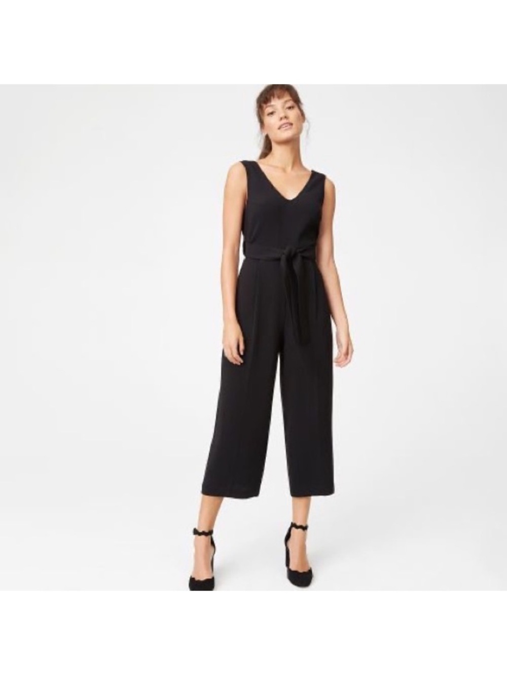 Club Monaco Tortela Black Sleeveless V-Neck Cropped Wide-Leg Jumpsuit with Tie